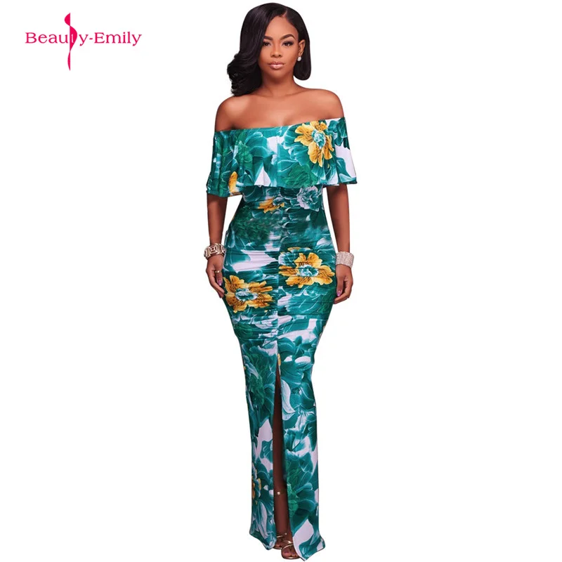 

Beauty-Emily Off The Shoulder Evening Dresses Ruffles Printing Rompers Summer Open Back Front Split Short Sleeve Party Dresses