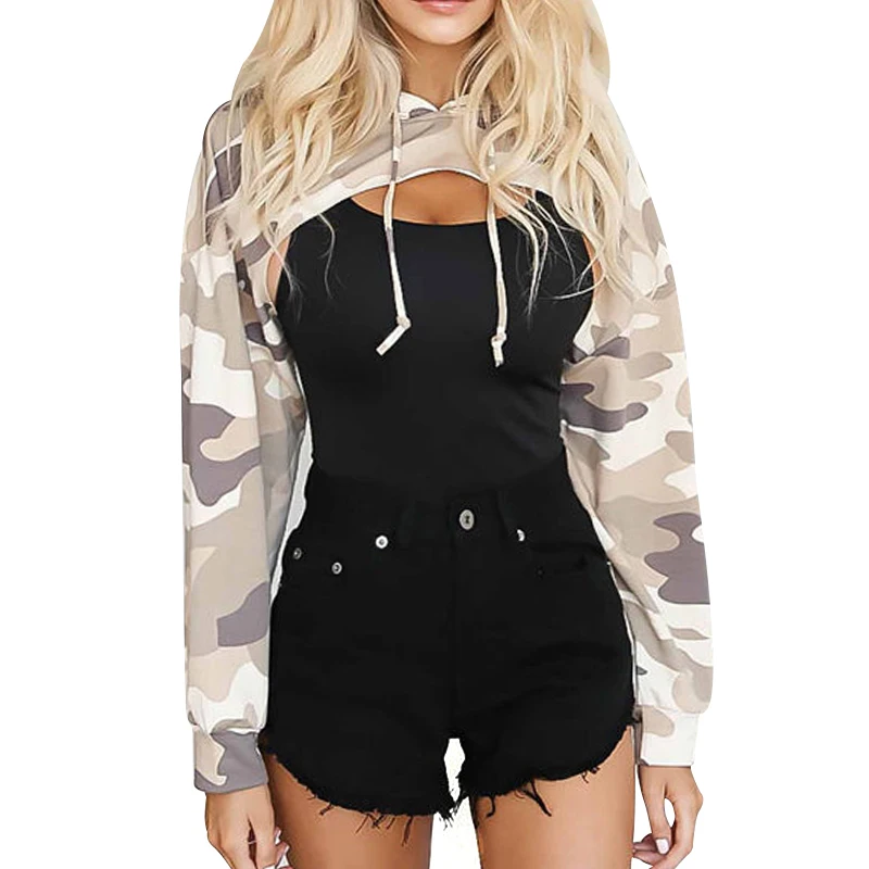 

Fashion Women Cut Out Camouflage Crop Tops Hooded Sweatshirts Casual Harajuku Pullovers Front Hollow Autumn Long Sleeve Hoodies