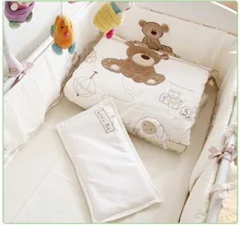 Promotion! 7PCS Embroidery Cartoon Baby Bedding Set Fashion Crib Bumper Baby Cot Sets Kids Bed ,(bumpers+duvet+sheet+pillow)