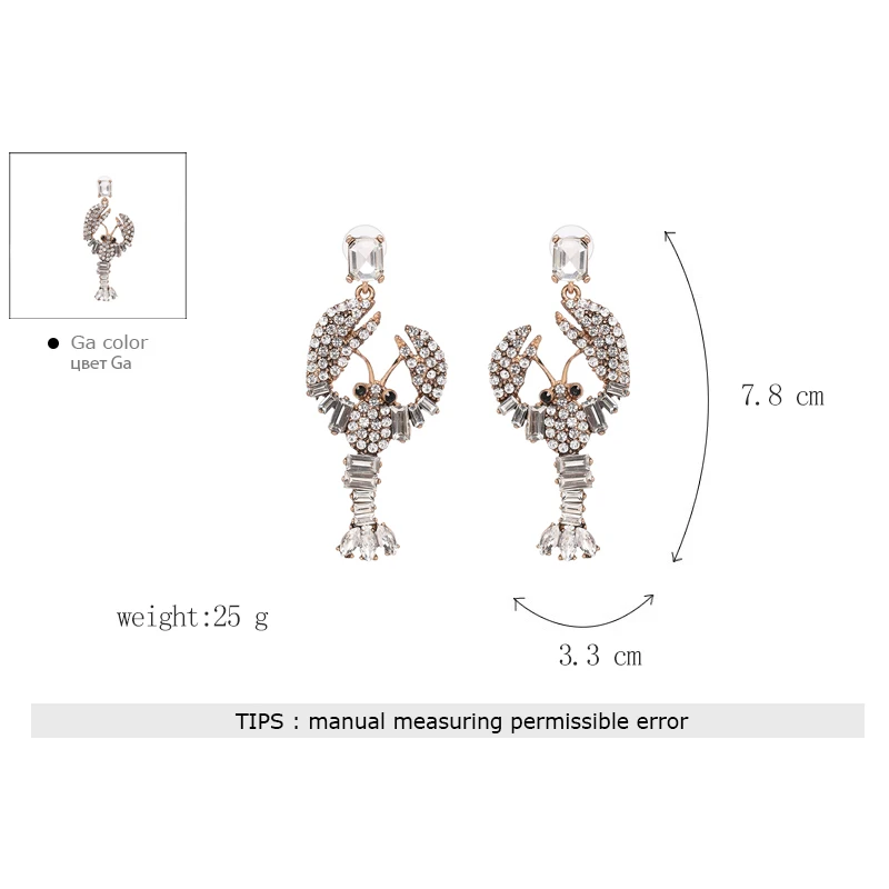 Bohemian Multicolor Animal Lobster Shaped Crystal Dangle Earrings Statement Jewelry Drop Earrings