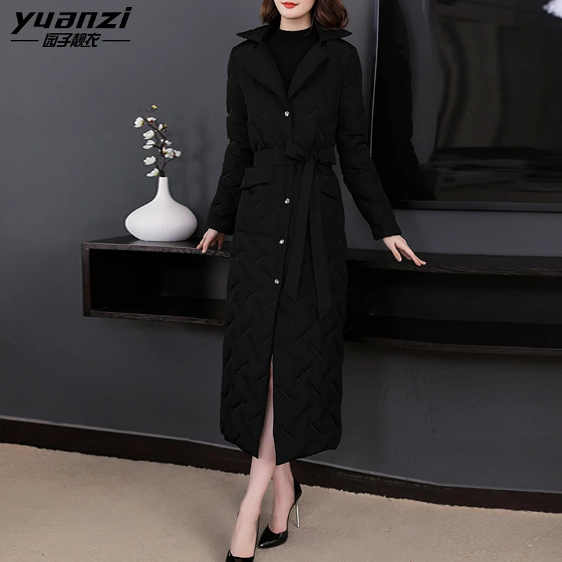 Women Winter Down Coats Thin Warm Down Jacket Female Embroidered X-Long Parka Single-breasted Turn-down Collar With Belt Pocket