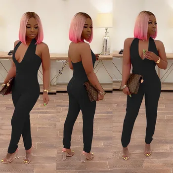 

Sexy Deep V Neck Solid Hollow Out Strap Sleeveless Women Bodycon Jumpsuits Casual Women Bodysuits