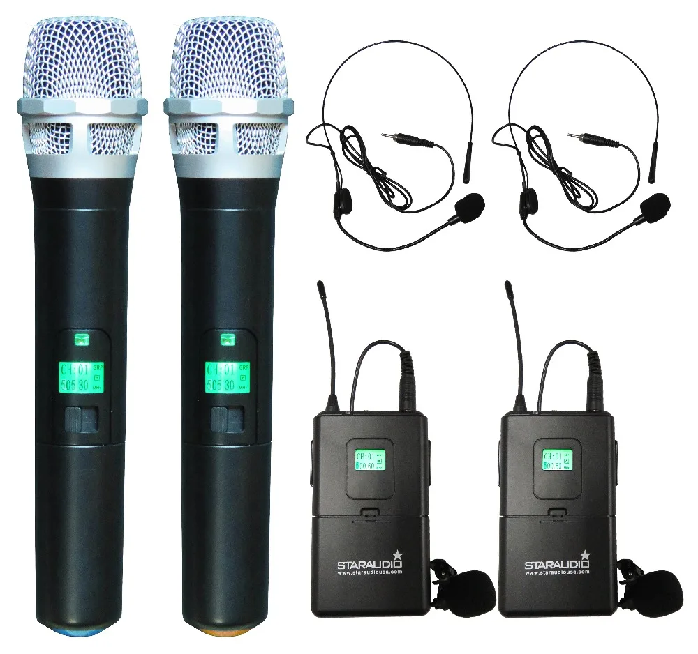 new 4ch wireless 2ch handheld and 2ch headset laples uhf church stage party ktv microphone system mics 