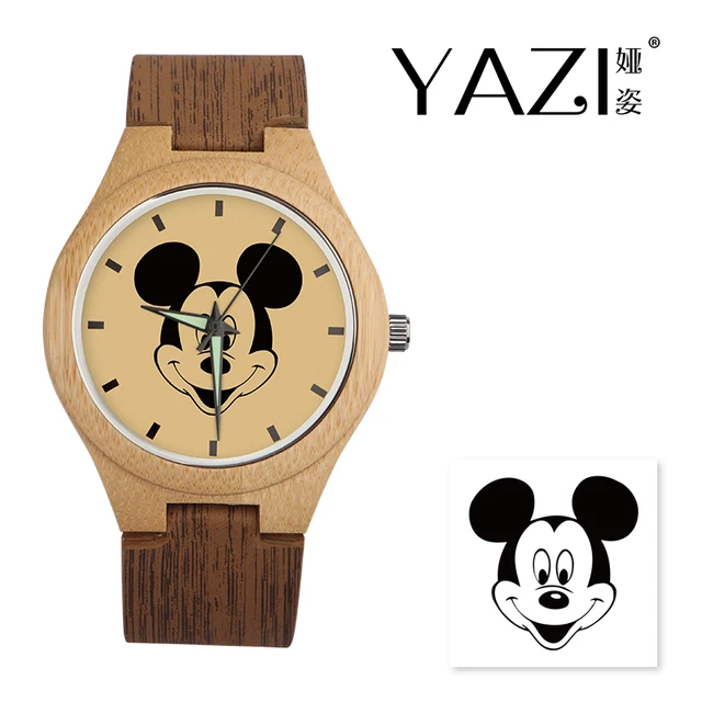 YAZI DIY Wooden Watch Mickey Mouse Quartz Watch Natural Bamboo Wood Case Wood St YAZI DIY Wooden Watch Mickey Mouse Quartz Watch Natural Bamboo Wood Case Wood St