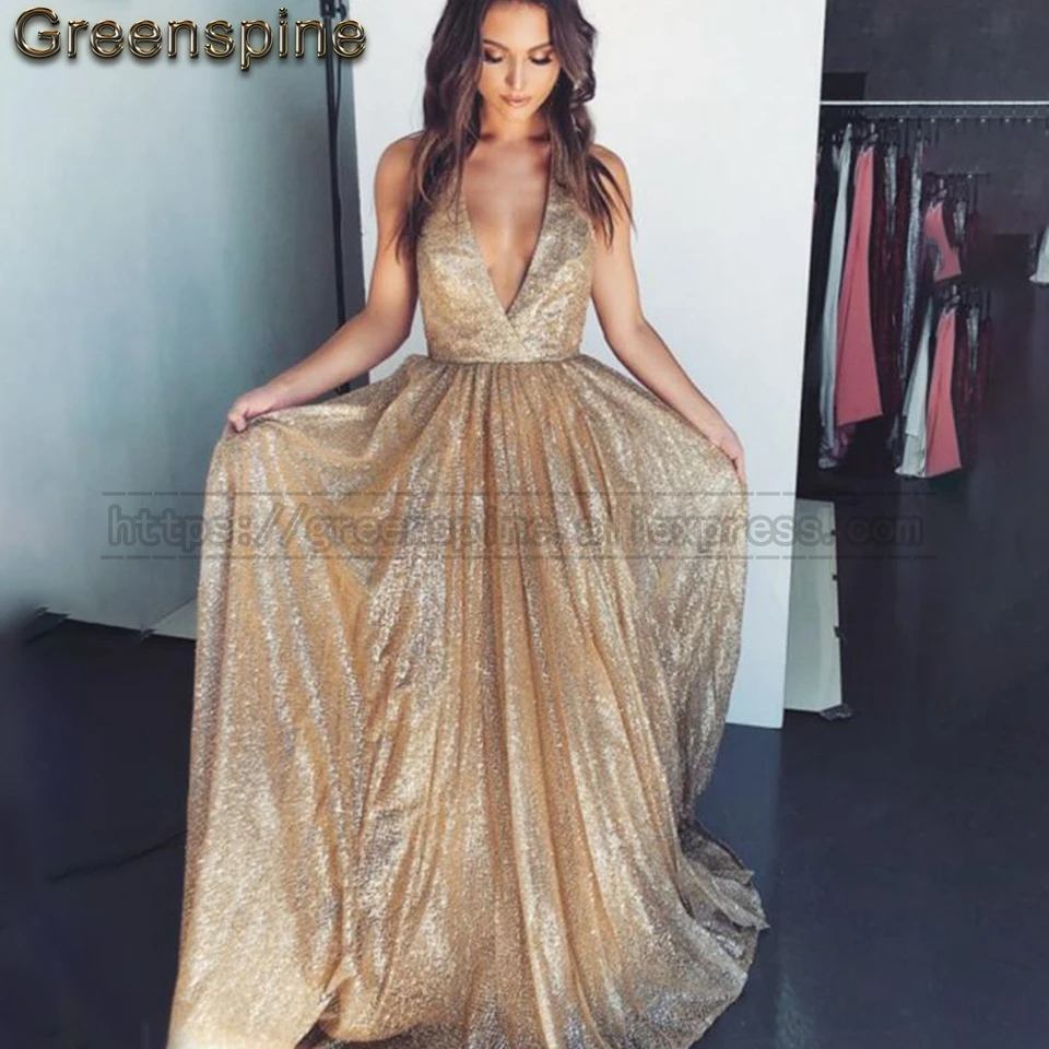 Блестящие Золотое платье для выпускного вечера Vestido Гала элегантный Для женщин длинное вечернее платье Погружаясь блесток вечернее Платья для вечеринок
