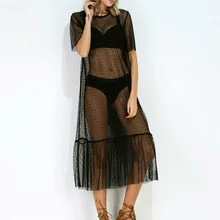 Женское пляжное платье в горошек с принтом, Новое сексуальное прозрачное Сетчатое черное пляжное платье, Дамское длинное купальное платье с короткими рукавами