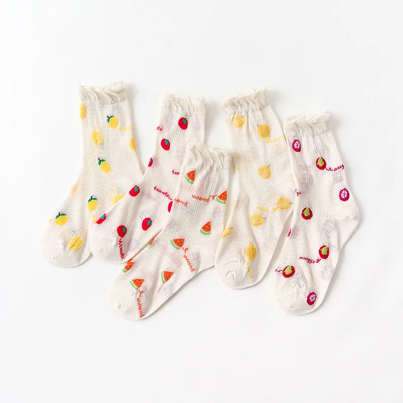

SP&CITY Ins Women Kawaill Fruits Patterned Fishtnet Socks Female Howllow Out Transparent Cosplay Lolita Socks Cute Cartoon Sox