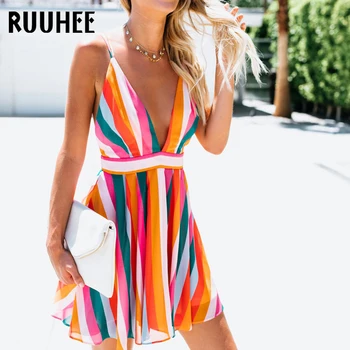 

RUUHEE Cover-Ups V Neck Bikini Striped Cover Up Backless Swimsuit Ladies Beach Dress Bathing Suit Women Swimwear Beach Wear