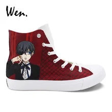 Вэнь Вулканизированная обувь Мужская и Женская Ручная роспись холщовая Обувь Кеды дизайн Аниме Черный дворецкий Ciel Sebastien плимсоллы на плоской подошве