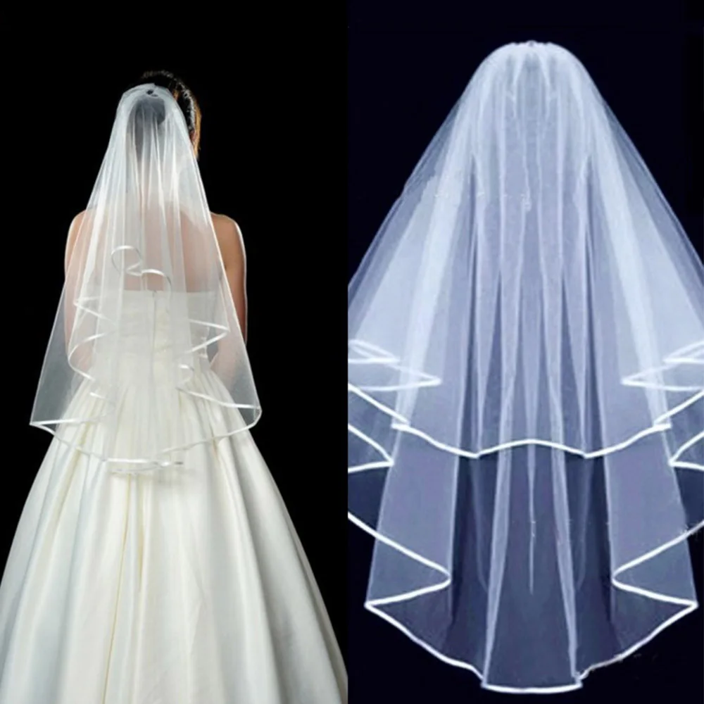 

Simple Tulle White Ivory Two Layers Wedding Veils Ribbon Edge with Comb for Wedding Party Accessories Short Bridal Veil