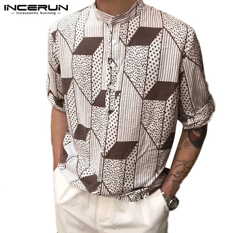 

INCERUN Men Slim Stand Collar Seven-point Sleeve Striped Ramie Shirt Casual Breathable Shirt Section 2020 Streetwear Camisas 5XL