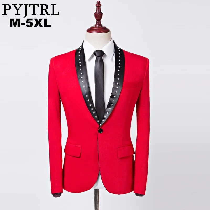 

PYJTRL Brand New M-5XL Men Blazer Design Crystal Classic Shawl Lapel Red Slim Fit Suit Jacket Wedding Groom Singer Costume Homme