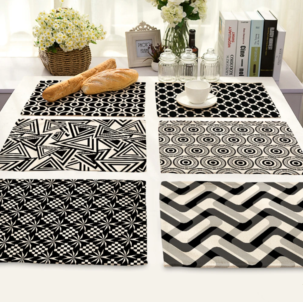 10PCS Black and white stripe placemat printing cotton linen art Western