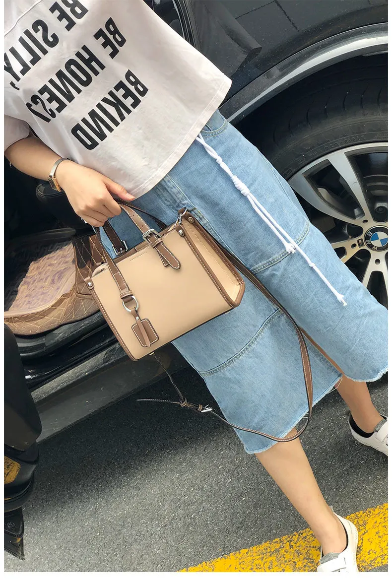 Color Blocking Daily Purse OL Business Tote Bag Genuine Leather Women's Shoulder Bag Small Top-handle Handbag