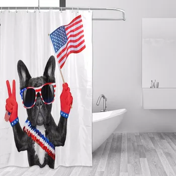 

French Bulldog Polyester Waterproof Shower Curtains American Flag 4th of July Mildew Resistant Bath Curtain with 12 Hooks