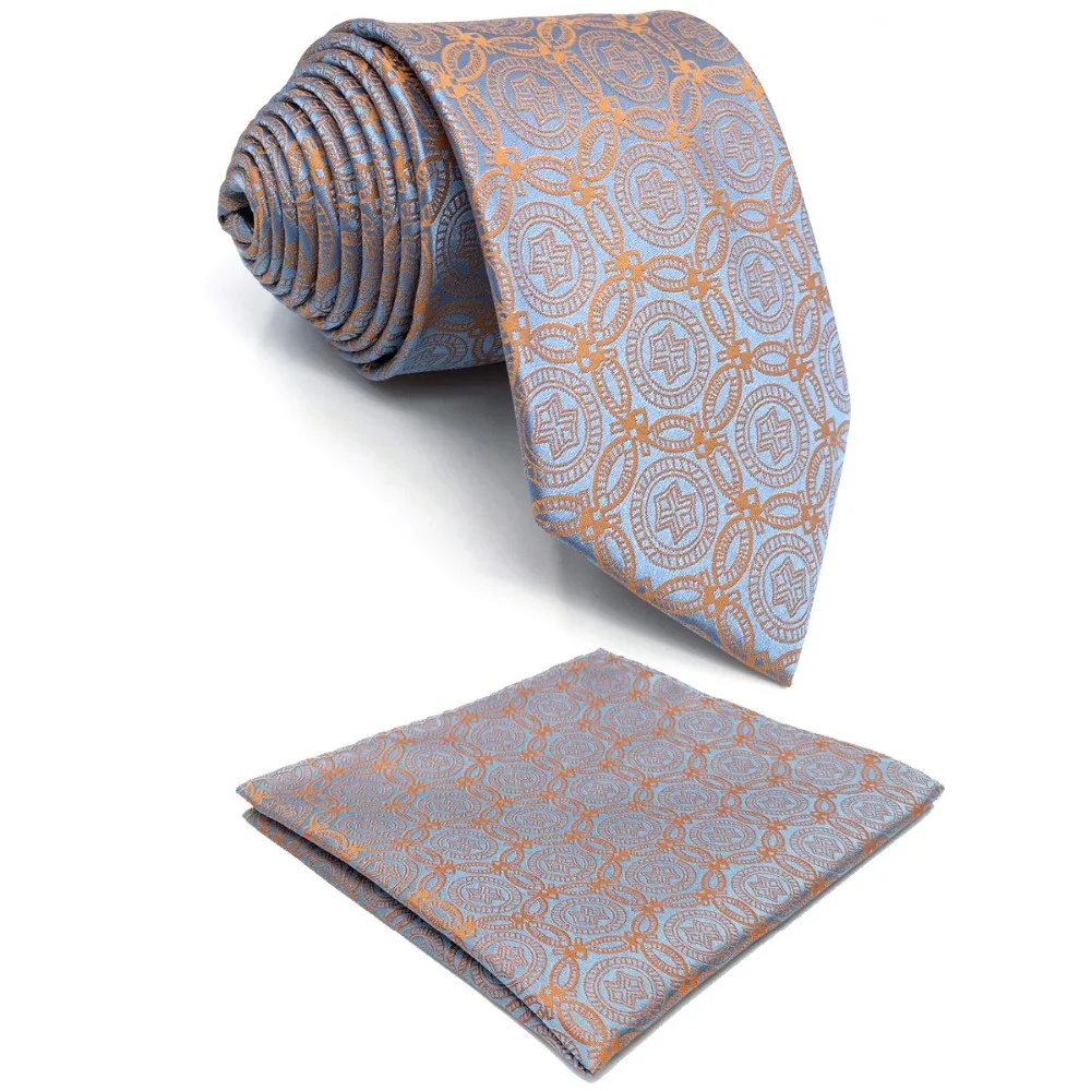 

E26 Orange Grey Geometric Silk Tie Mens Ties Bow Tie Pocket Square Set