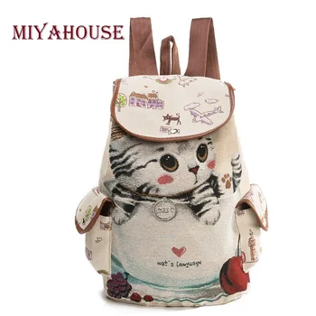 

Miyahouse Lovely Cat Printed Women Drawstring Backpack Casual Canvas School Backpack For Teenager Large Capacity Lady School Bag