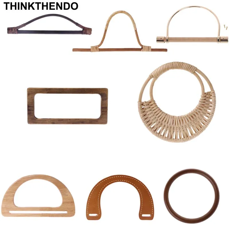 1 Pcs Wooden Rattan Bag Handle Replacement for DIY Making Purse Handbag Tote Round Rectangle Shaped