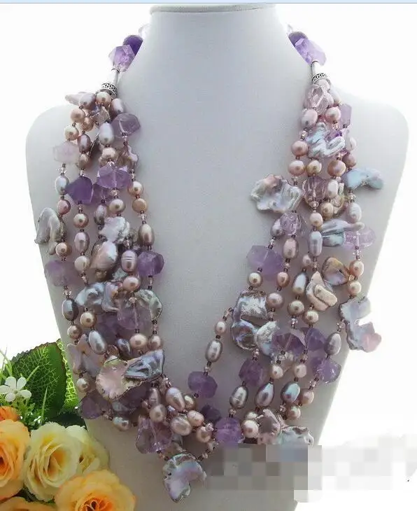 

Beautiful keshi Pearl&Amethyst&Crystal Necklace 18