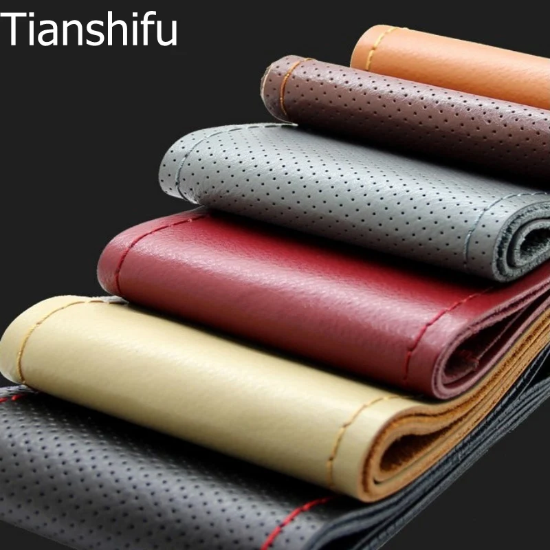 

Tianshifu best hand feeling Real Genuine Leather Cowhide Car Steering Wheel Cover hole With Needles and Thread