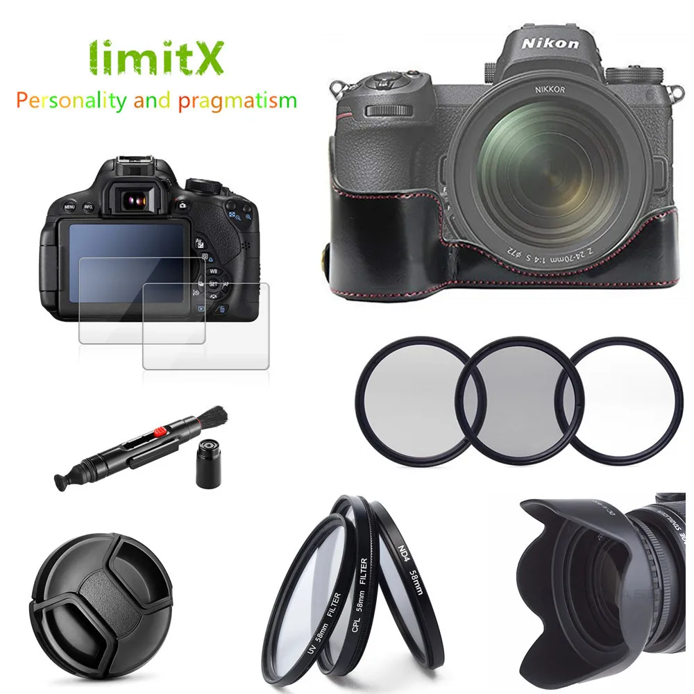 Accessories kit Half Body Leather Case + Filter set + Lens Hood + Glass