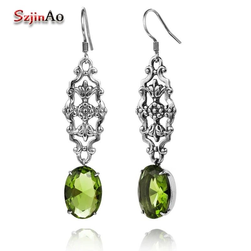 

Szjinao Sunflower Dangling Earrings For Women Handmade 100% 925 Sterling Silver Peridot Long drop Earrings Baroque Jewelry 2017