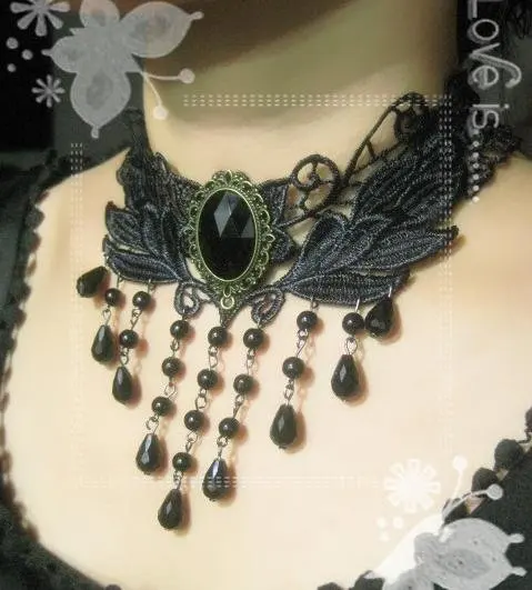 gothic jewelry black lace crystal beads tassels vintage necklace women ...