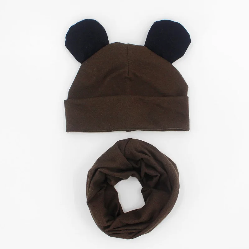 Baby Hat Cotton Ear Cap For Boys And Girls Winter Hat Scarf Set Children Boys Cap Scarf 2PCS - Цвет: brown black ear