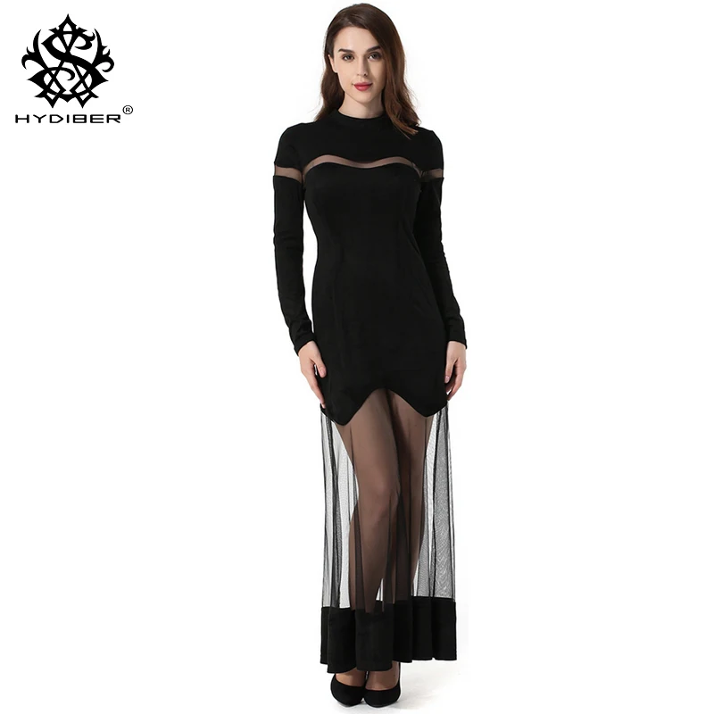 

2018 Hot New spring Round Neck Long Sleeve Solid Color Black Gauze Stitching Hem Loose Dress Women Fashion Tide