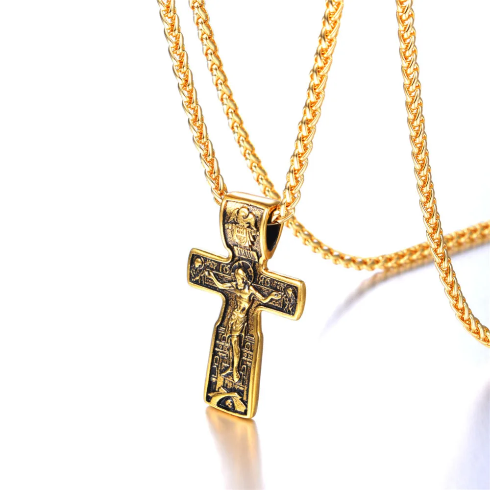 U7 крест Иисуса Христа подвески и ожерелья Золото Цвет Нержавеющая сталь цепи Винтаж католическая церковь религиозные мужские ювелирные изделия P119
