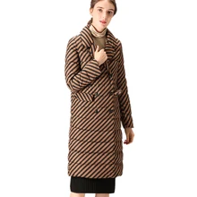 Women Autumn Winter Lapel Brown Striped Long Warm White Duck Down Jacket Thick Parkas Ladies Elegant Coat Casual Vestidos LY248