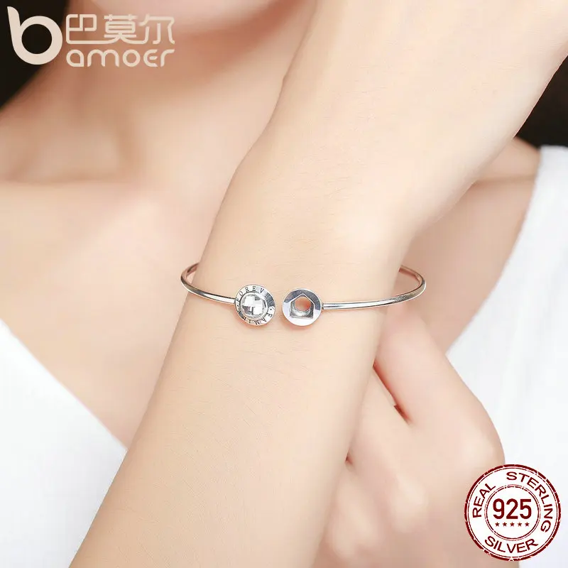 Cena BAMOER oryginalna 925 Sterling Silver rodzina na zawsze wyczyść CZ Geocentric mankiet bransoletki luksusowe srebro biżuteria SCB011