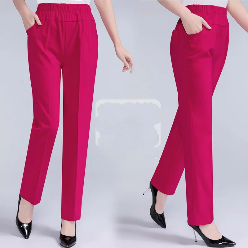 Весенне-летние женские повседневные Прямые брюки с эластичной резинкой на талии, Женские однотонные брюки размера плюс, одежда - Цвет: Red rose