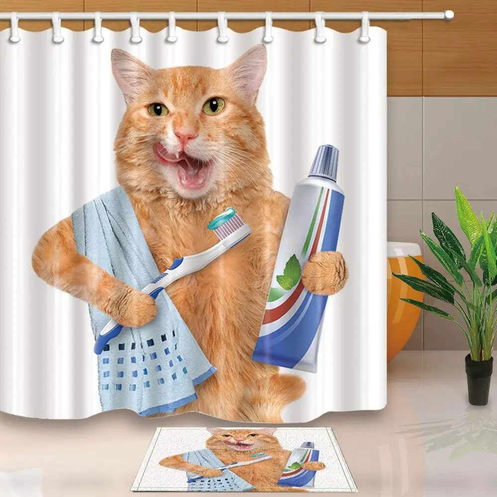 Good morning cat с зубной щёткой набор занавесок и ковриков для душа домашнее украшение