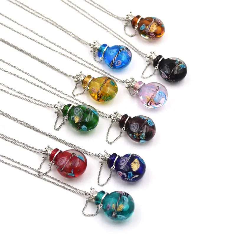 

1PC round Diffuser Perfume pendant Refillable handmade Essential Oil Aromatherap yColored glaze Bottle drop Pendant Necklace
