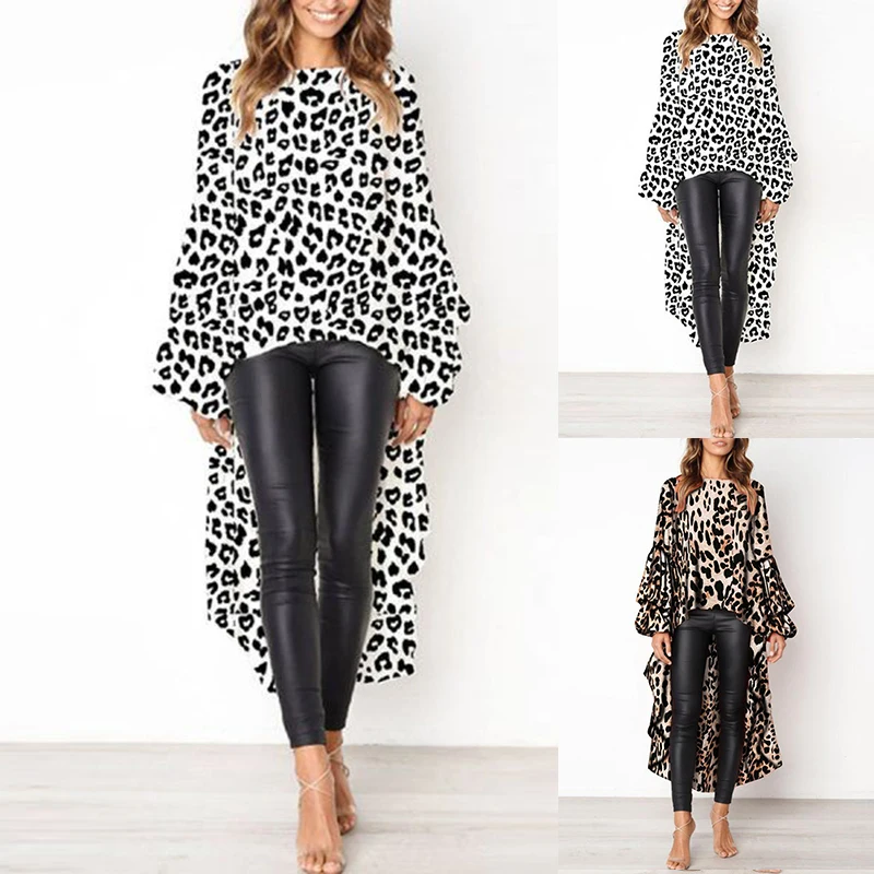 Women's Sexy Leopard Printing Dress 2019 Autumn Long Sleeve O-Neck Irregular Dresses Lantern Sleeve Female Casual Dress Vestidos