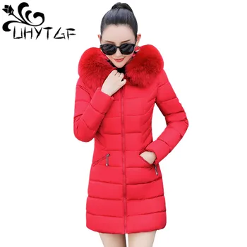 

UHYTGF 2018 Thick winter Jacket Women Tops Korean Big Fur Collar Hooded Cotton Coat Ladies Long Coat Zip pocket Down Cotton Coat