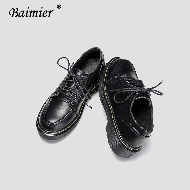 Baimier/Винтажные туфли из натуральной кожи на плоской подошве; женские лоферы на шнуровке в британском стиле; повседневная женская обувь с круглым носком