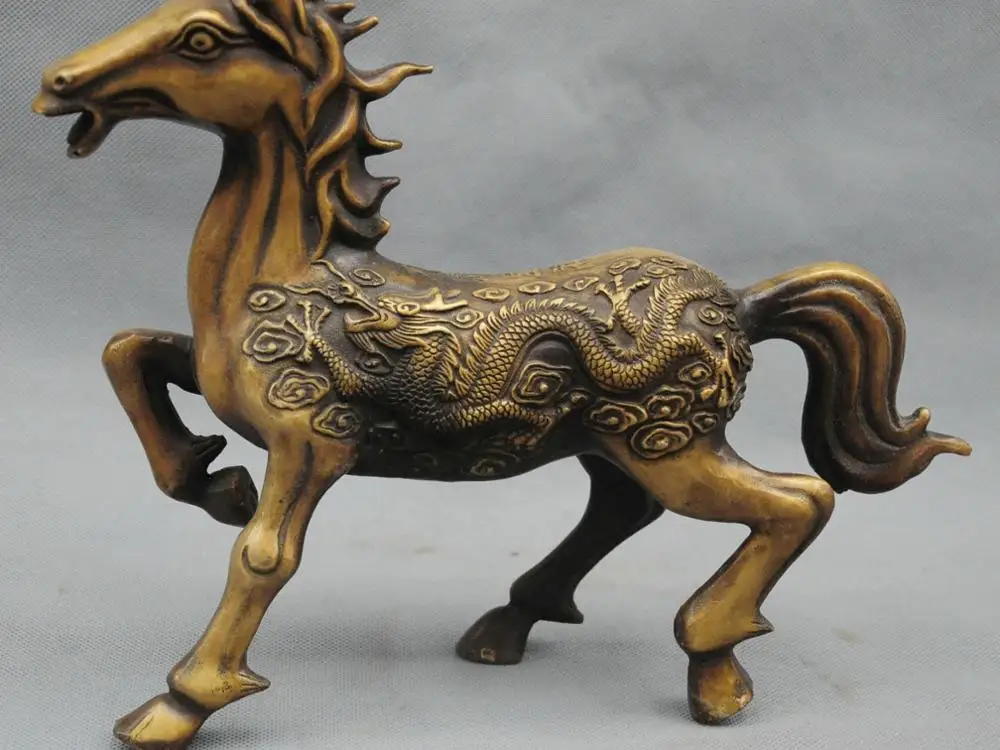 11'' China Fengshui Zodiac Horse Carve Dragon Bronze Statue