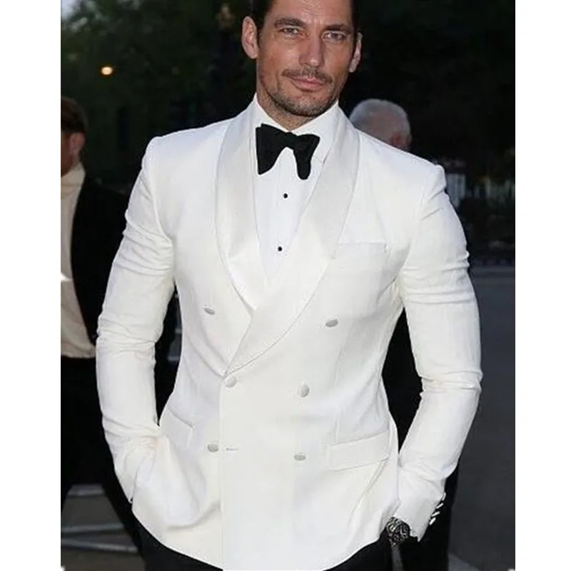 

2017 Summer Style Custom Double Breasted Ivory White Man Suit Groom Tuxedo Bespoke Wedding Suits Black Pants(Jacket+Pants+Bow)