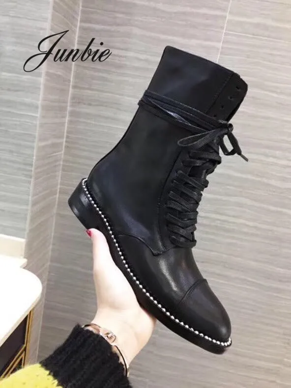 

JUNBIE Real Leather Metal Deco Gladiator Lace Up Women Boots Round Toe Low Heel Winter Ankle Boots Shoes Women Brand Shoes