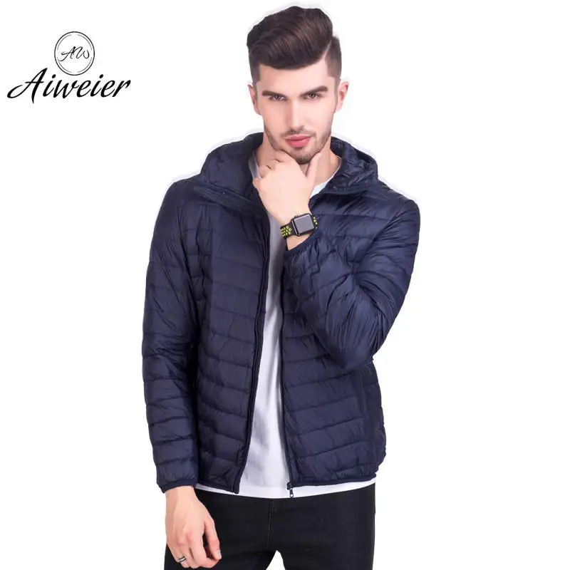 

[Aiweier] Men's Down Jackets Ultralight Down Jacket Thin Zipper Solid Plus Size Loose Keep Warm Hooded Casual Male Coats Outwear