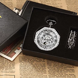 Silver with box Винтажные уникальные Восьмиугольные Механические карманные часы с римскими цифрами в стиле стимпанк с цепочкой-брелоком полностью Стальные наручные часы Reloj de bolsillo - Цвет: Silver with box