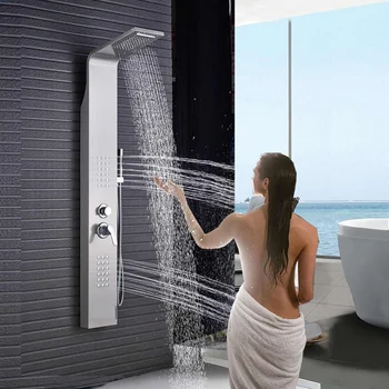 

Brushed Nickel Shower Panel Tower Rain Waterfall Massage Body System Jet Tub Tap With Hand Shower Tub Spout Tower Shower Column