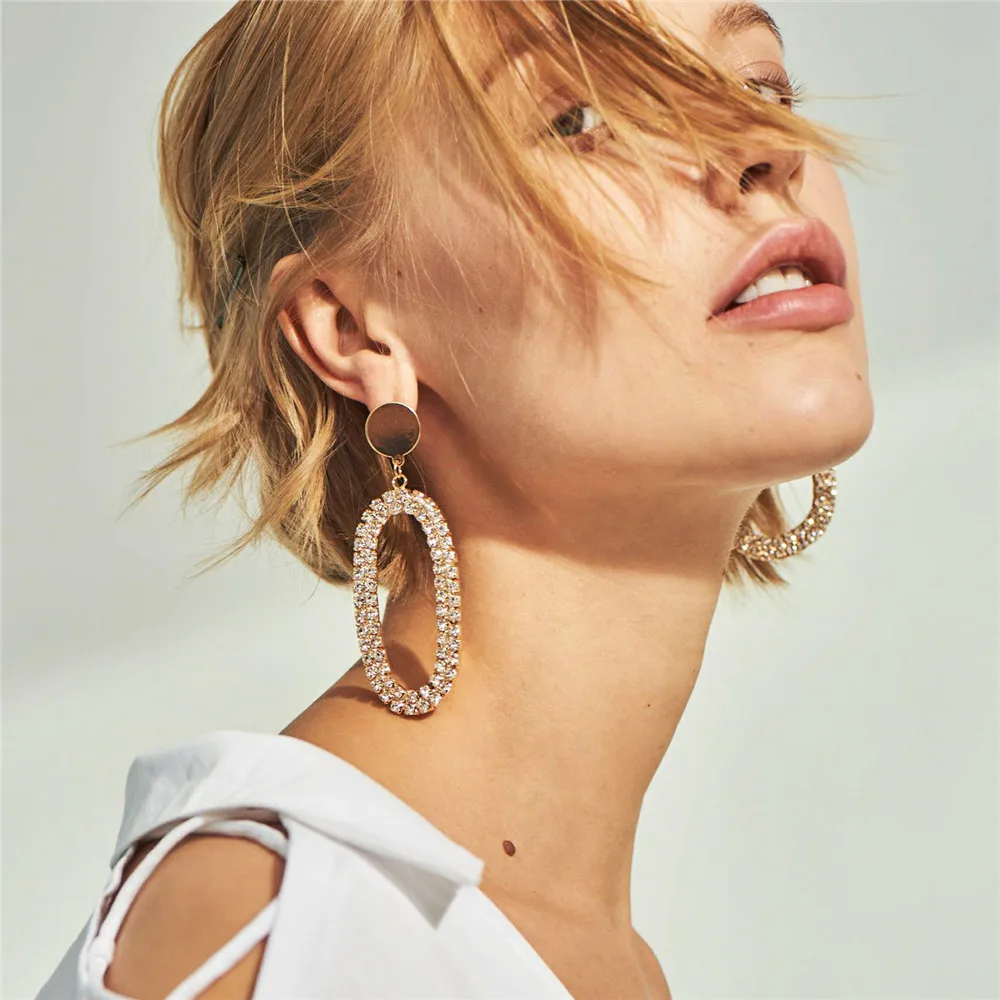 

IngeSight.Z Luxury Hollow Crystal Rhinestone Round Earrings Sexy Asymmetric Geometric Big Earrings for Women Punk Party Jewelry