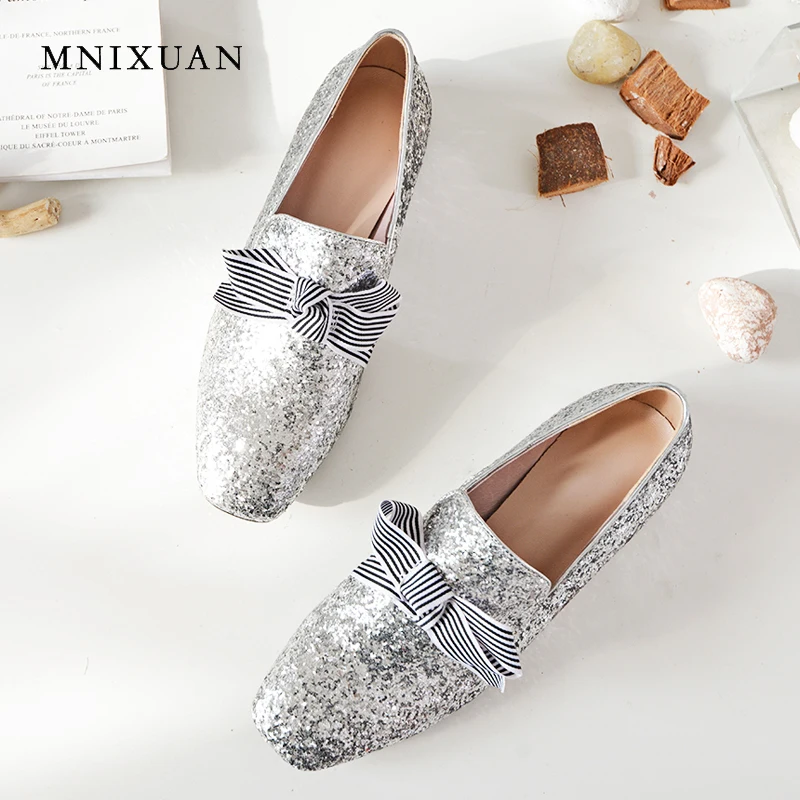 

MNIXUAN women pumps shoes 2018 sequins genuine leather low heels fashion handmade butterfly-knot square toe lady shoes silver