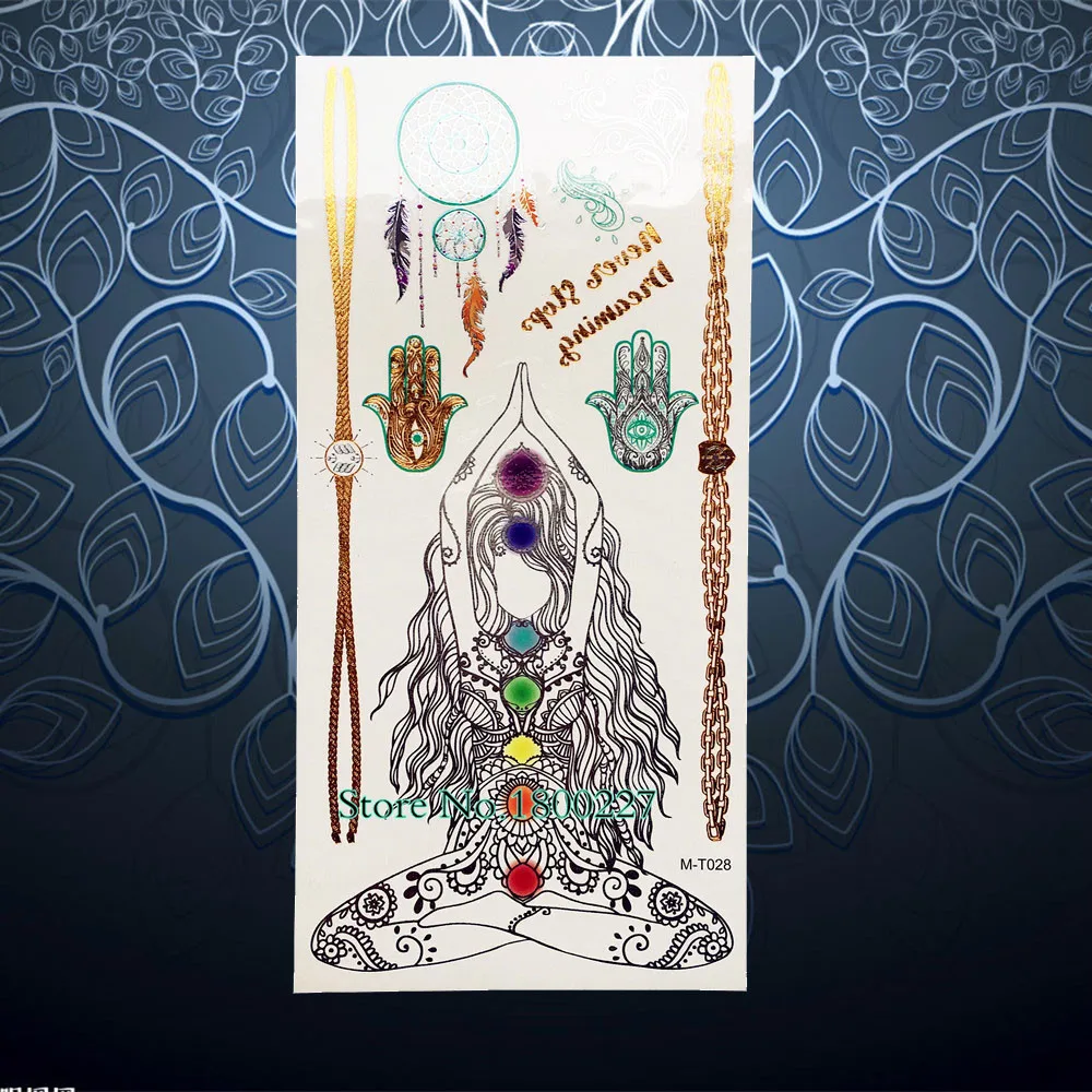 

Beauty Girl Buddhist Designs Temporary Tattoo Gold Silver Dream Catcher Tattoo Stickers 21x10CM Women Body Art Sexy Tatoo Chains