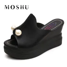Designer Frauen Sommer Hausschuhe Plattform Keile 2017 Sexy Perlen Rutschen Starke Ferse Offene Zehen Sandalen