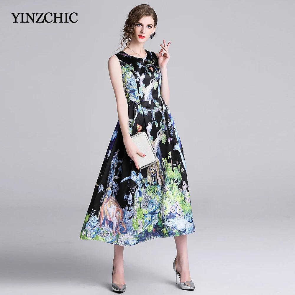 

O-neck Female Slim A-line Dresses Elegant OL Party Dress Sleeveless Ladies Printed Midi Dresses Woman Casual Spring New Dress