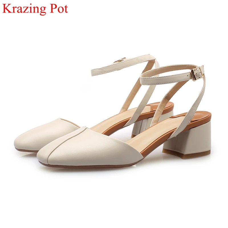 

2019 handmade genuine leather buckle strap med heels women sandals gladiator concise elegant party office lady summer shoes L58